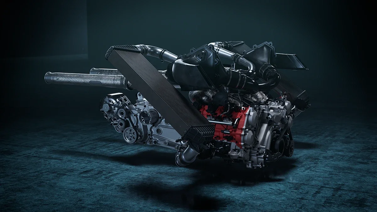 Detail view of the Ferrari 296 GT Modificata engine